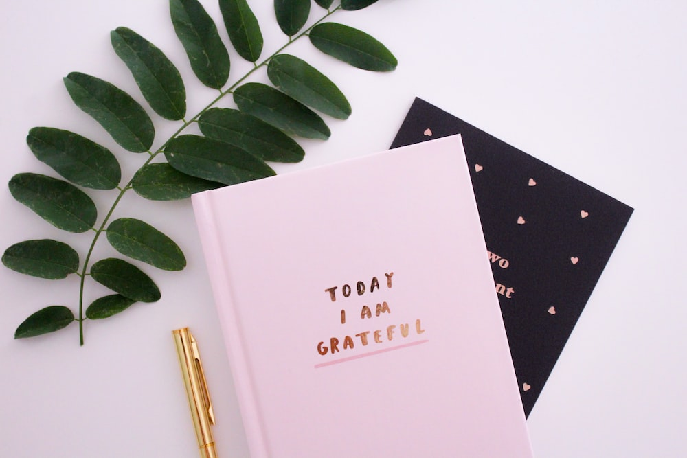 Journaling A pink journal, golden pen, and decor