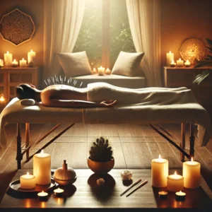 DALL·E 2025-03-06 12.34.05 - A tranquil acupuncture therapy session in a serene wellness studio. A person lies comfortably on a massage table with acupuncture needles placed gentl