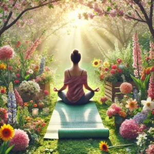 DALL·E 2025-03-06 12.35.00 - A vibrant spring-themed wellness scene featuring a person meditating outdoors in a blooming garden. The individual sits peacefully on a yoga mat, surr